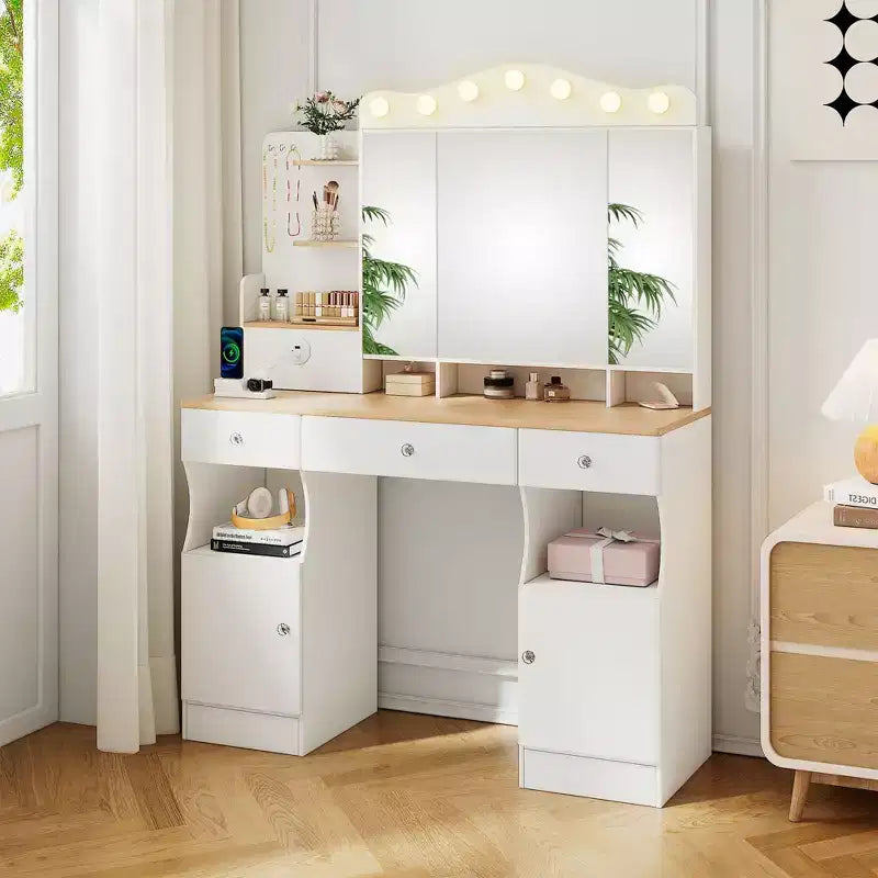 Okak Makeup Vanity with Foldable Three-sided Mirror and 2 USB Power Strip, Makeup Table with Ample Storage, Dressing Table for Home, White