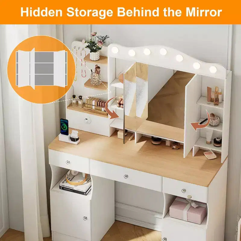 Coiffeuse avec miroir triptyque pliable et 2 multiprises USB, table de maquillage avec grand espace de rangement, coiffeuse pour la maison, blanche