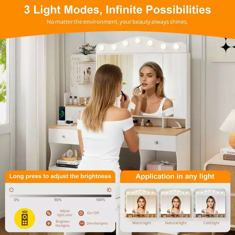 Coiffeuse avec miroir triptyque pliable et 2 multiprises USB, table de maquillage avec grand espace de rangement, coiffeuse pour la maison, blanche