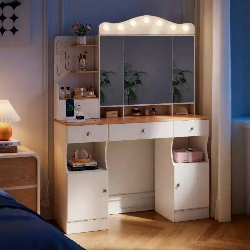 Coiffeuse avec miroir triptyque pliable et 2 multiprises USB, table de maquillage avec grand espace de rangement, coiffeuse pour la maison, blanche