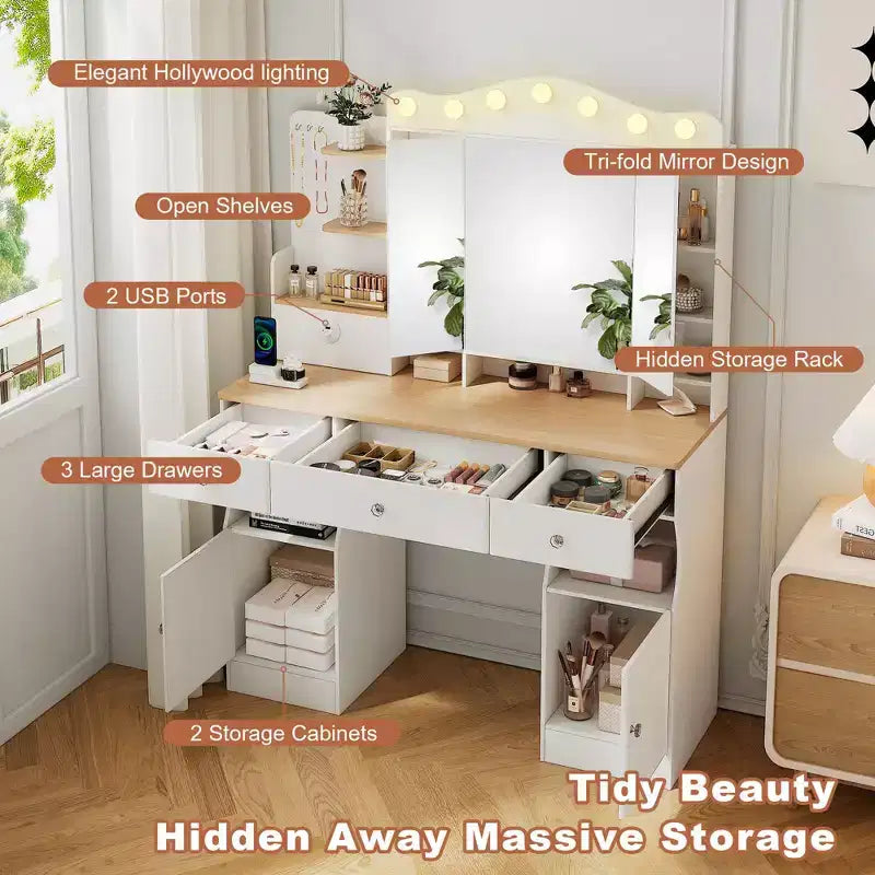 Coiffeuse avec miroir triptyque pliable et 2 multiprises USB, table de maquillage avec grand espace de rangement, coiffeuse pour la maison, blanche