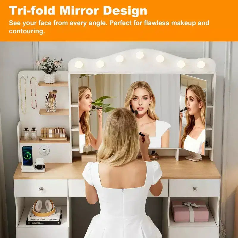 Coiffeuse avec miroir triptyque pliable et 2 multiprises USB, table de maquillage avec grand espace de rangement, coiffeuse pour la maison, blanche