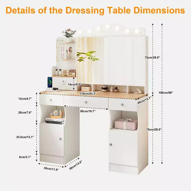 Coiffeuse avec miroir triptyque pliable et 2 multiprises USB, table de maquillage avec grand espace de rangement, coiffeuse pour la maison, blanche