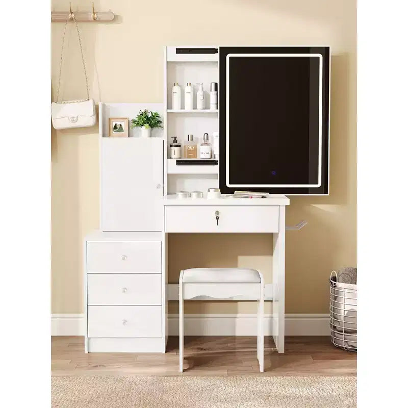 Okak Modern Vanity Desk with Cushioned Stool, Compact Vanity with Sliding Mirror and Ample Storage, Makeup Desk for Dressing Room, White