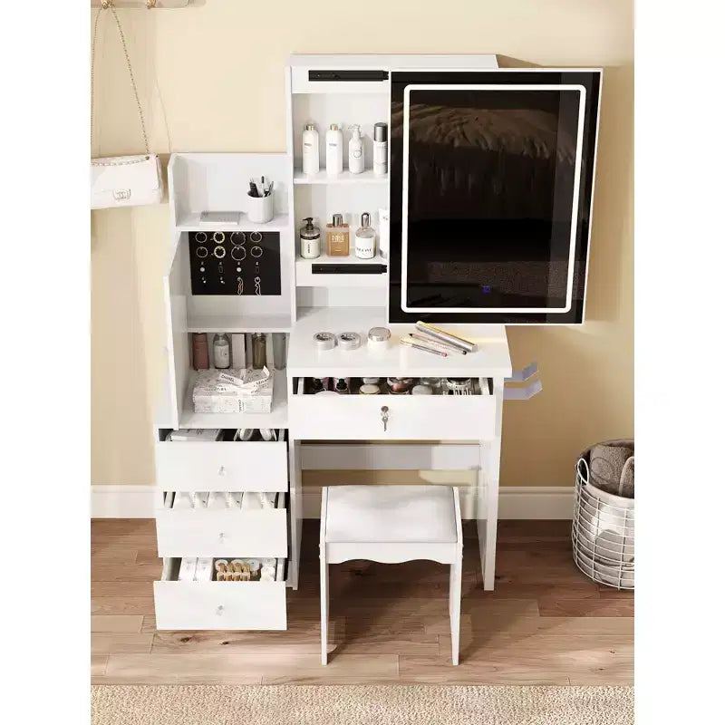 Coiffeuse Moderne avec Tabouret Rembourré, Coiffeuse Compacte avec Miroir Coulissant et Grand Rangement, Coiffeuse pour Dressing, Blanc