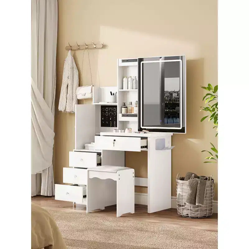 Coiffeuse Moderne avec Tabouret Rembourré, Coiffeuse Compacte avec Miroir Coulissant et Grand Rangement, Coiffeuse pour Dressing, Blanc