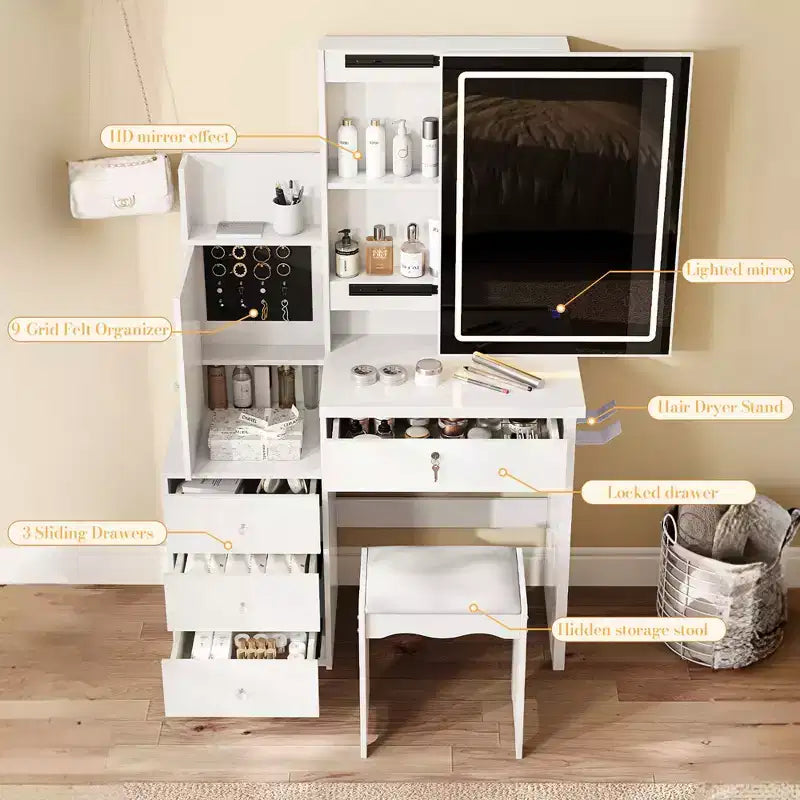 Coiffeuse Moderne avec Tabouret Rembourré, Coiffeuse Compacte avec Miroir Coulissant et Grand Rangement, Coiffeuse pour Dressing, Blanc
