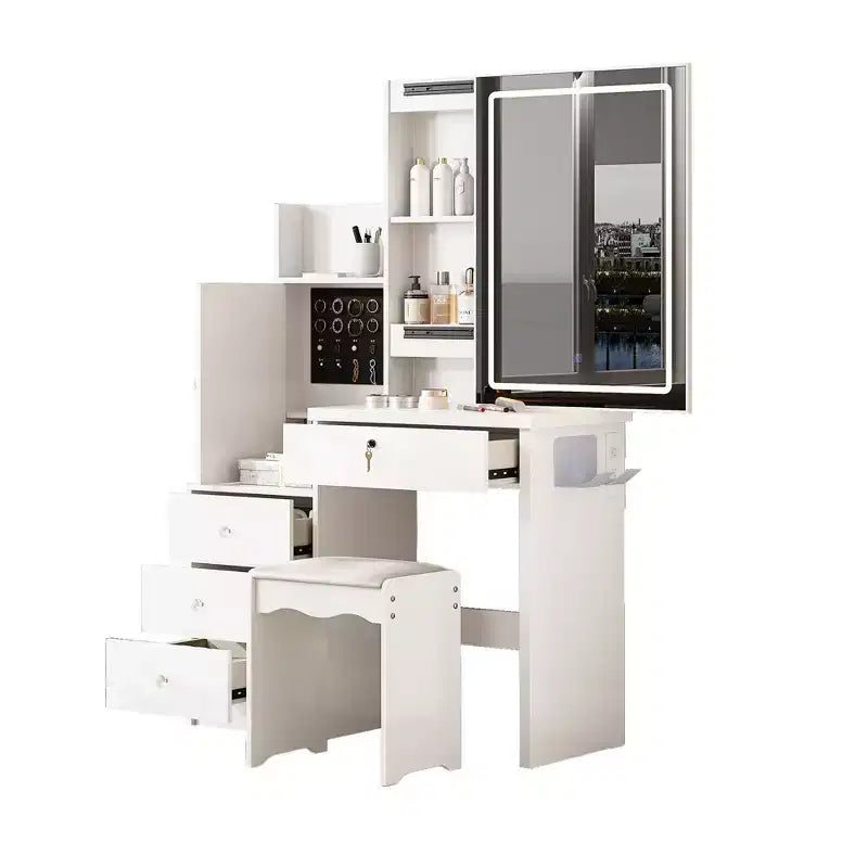 Coiffeuse Moderne avec Tabouret Rembourré, Coiffeuse Compacte avec Miroir Coulissant et Grand Rangement, Coiffeuse pour Dressing, Blanc