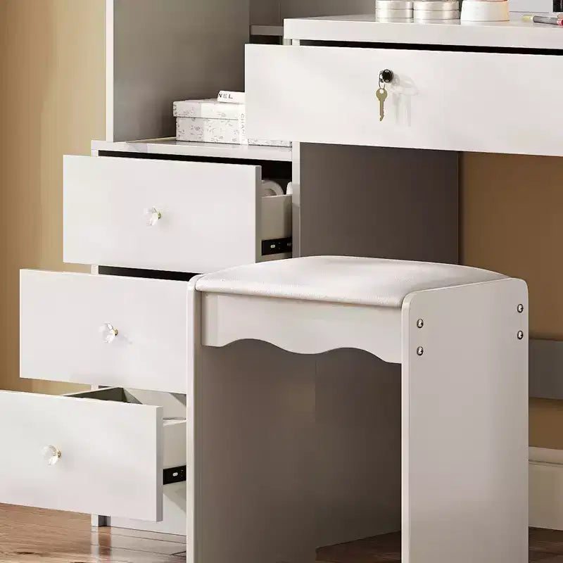 Coiffeuse Moderne avec Tabouret Rembourré, Coiffeuse Compacte avec Miroir Coulissant et Grand Rangement, Coiffeuse pour Dressing, Blanc
