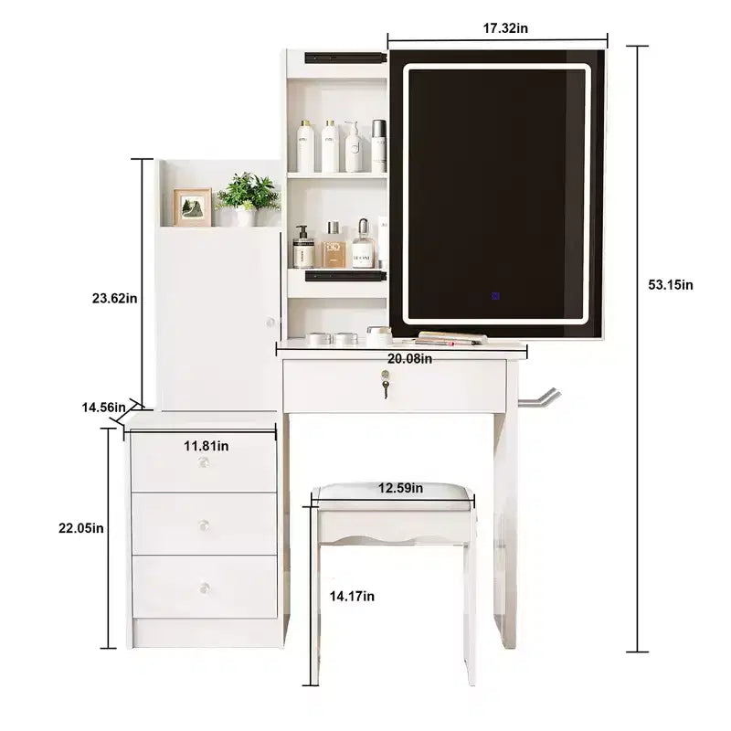 Coiffeuse Moderne avec Tabouret Rembourré, Coiffeuse Compacte avec Miroir Coulissant et Grand Rangement, Coiffeuse pour Dressing, Blanc
