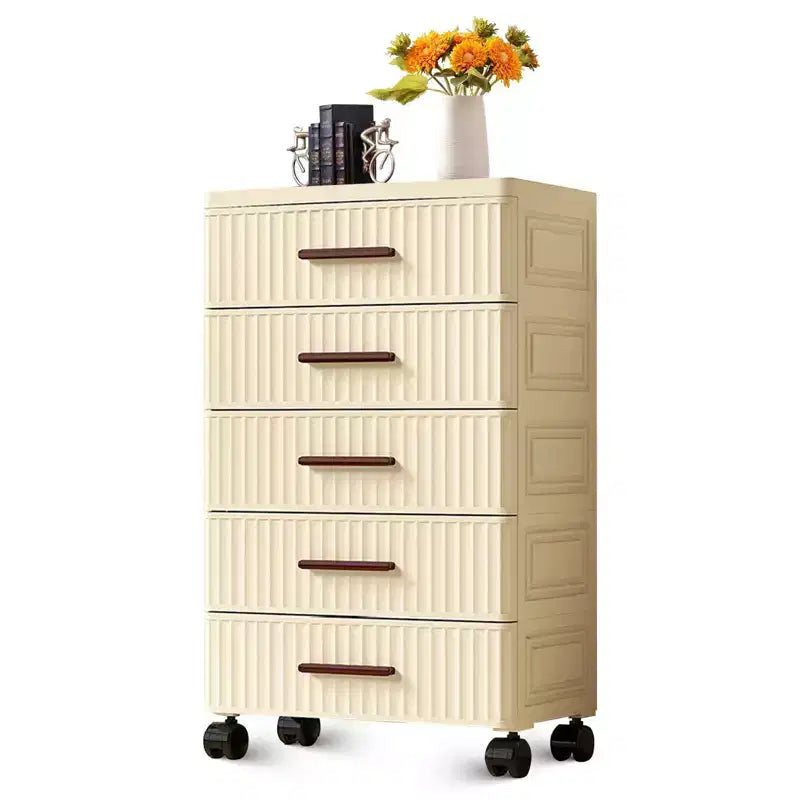 5-Tier Rolling Storage Cart with Drawers, Cream Plastic Organizer for Bedroom, Living Room, Kids Room, Office, Kitchen