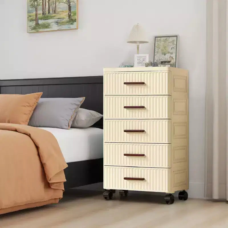 Chariot de rangement à roulettes à 5 tiroirs, Organisateur en plastique crème pour chambre, salon, chambre d'enfant, bureau, cuisine
