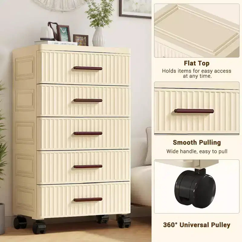 Chariot de rangement à roulettes à 5 tiroirs, Organisateur en plastique crème pour chambre, salon, chambre d'enfant, bureau, cuisine