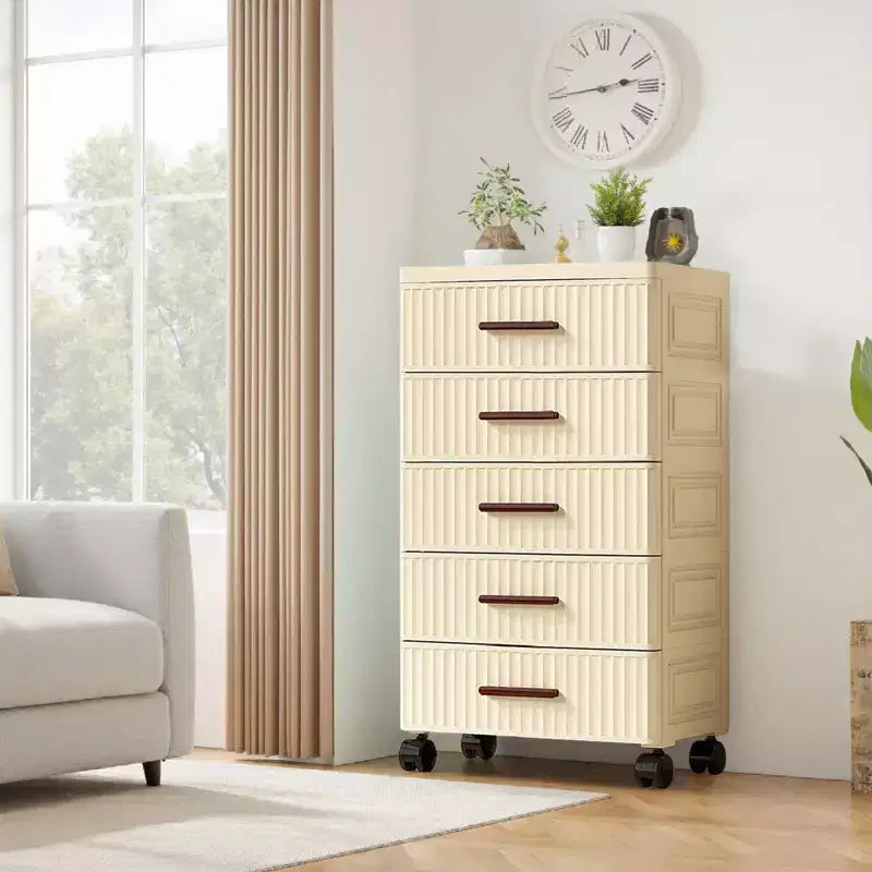 Chariot de rangement à roulettes à 5 tiroirs, Organisateur en plastique crème pour chambre, salon, chambre d'enfant, bureau, cuisine