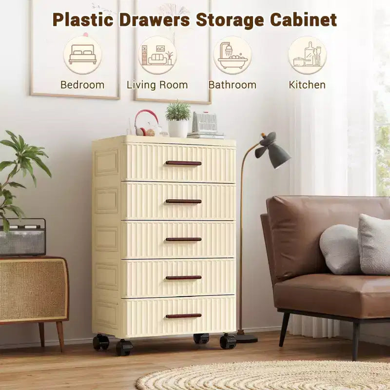 Chariot de rangement à roulettes à 5 tiroirs, Organisateur en plastique crème pour chambre, salon, chambre d'enfant, bureau, cuisine