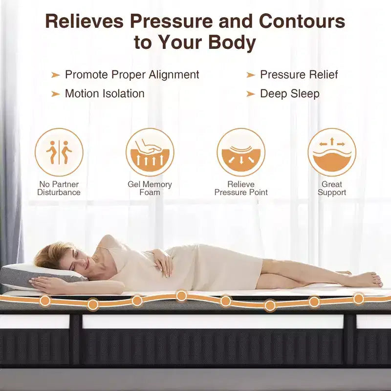 Matelas 14" King Size en mousse à mémoire de forme haute densité, ressorts ensachés indépendants, tissu tricoté doux hypoallergénique, conception rafraîchissante et respirante