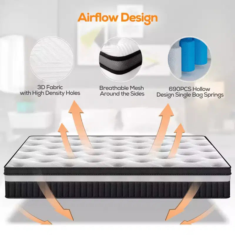 Matelas 14" King Size en mousse à mémoire de forme haute densité, ressorts ensachés indépendants, tissu tricoté doux hypoallergénique, conception rafraîchissante et respirante
