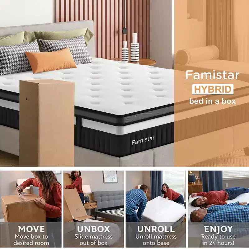 Matelas 14" King Size en mousse à mémoire de forme haute densité, ressorts ensachés indépendants, tissu tricoté doux hypoallergénique, conception rafraîchissante et respirante