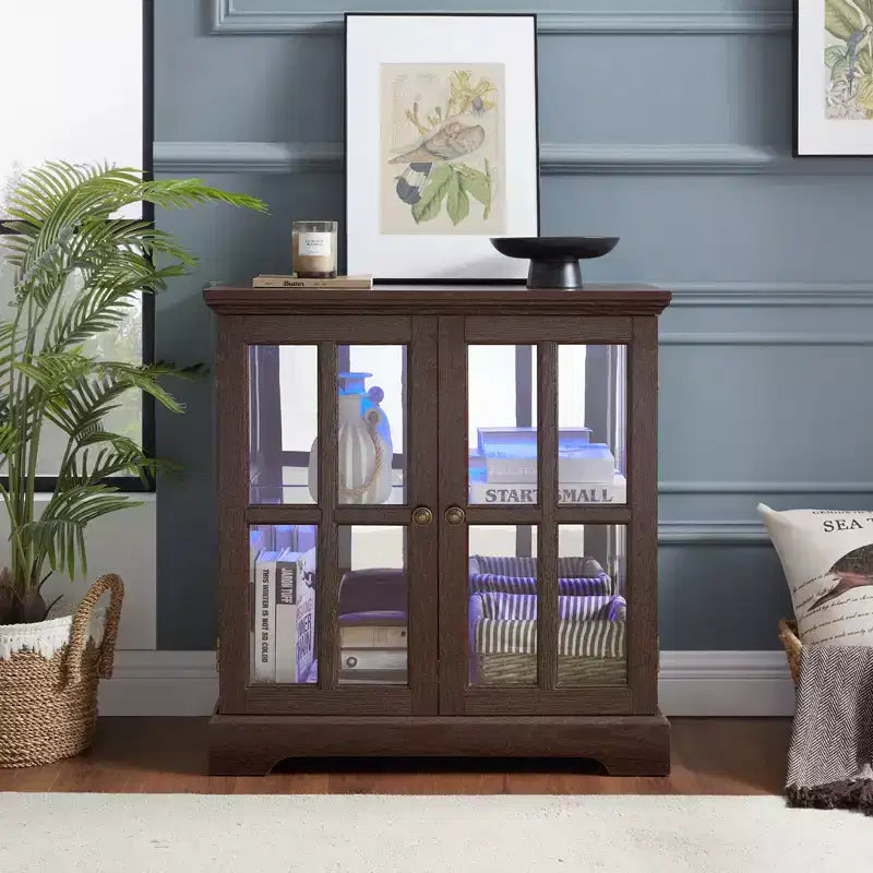 Curio Storage Cabinet, LED Lighted, Glass Display Cabinet with Adjustable Glass Shelves, Vintage China Cabinet with Panelled Door for Living Room