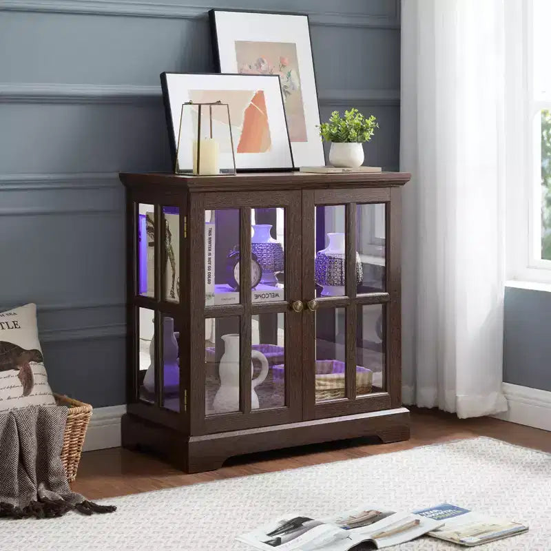 Vitrine de collection, éclairée par LED, en verre avec étagères en verre réglables, buffet de style ancien avec porte à panneaux pour salon