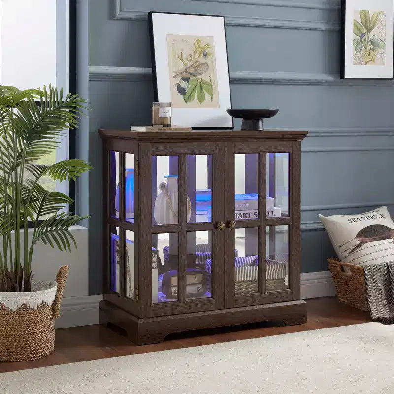 Vitrine de collection, éclairée par LED, en verre avec étagères en verre réglables, buffet de style ancien avec porte à panneaux pour salon