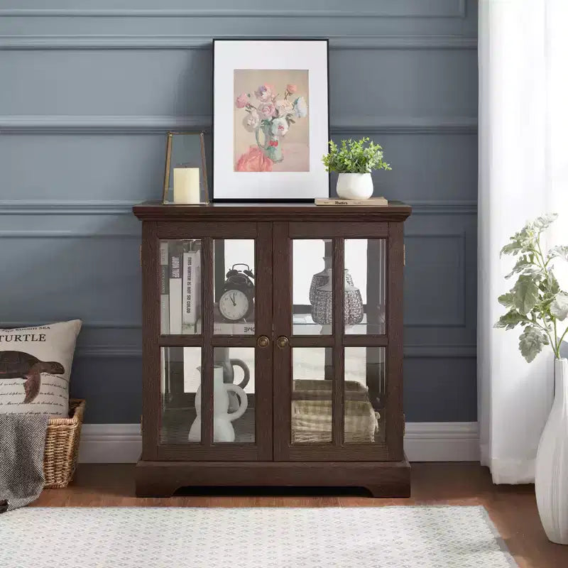 Vitrine de collection, éclairée par LED, en verre avec étagères en verre réglables, buffet de style ancien avec porte à panneaux pour salon