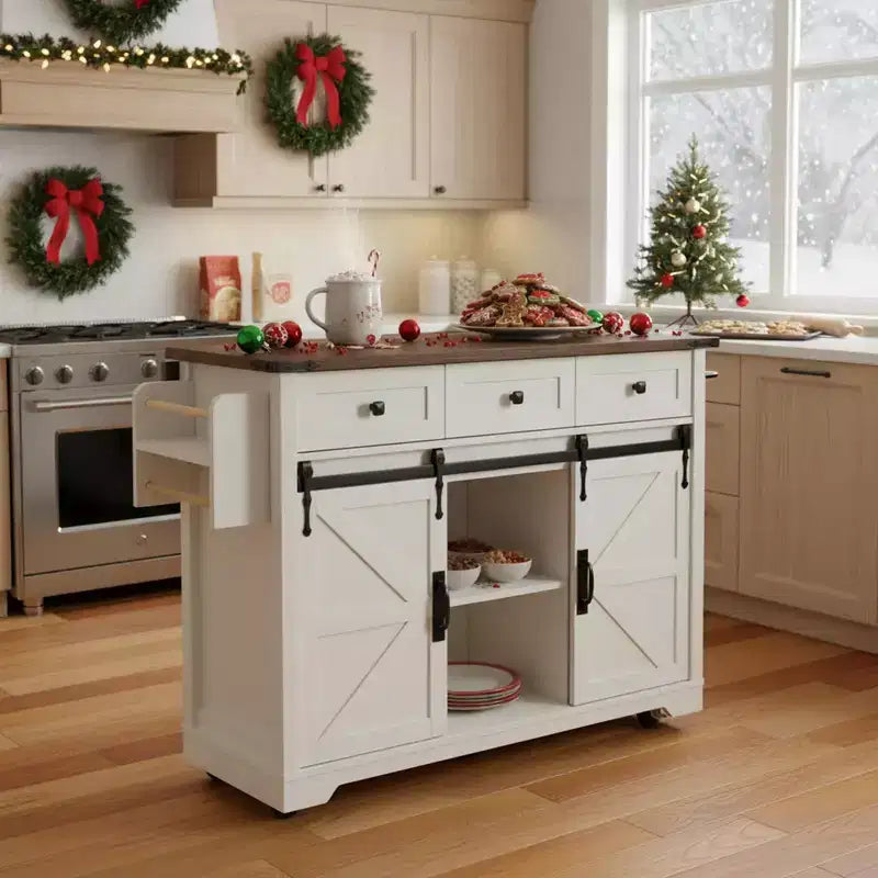 sumyeg 53.7 Farmhouse Kitchen Island with Power Outlet, Barn Doors, Drop Leaf, Spice Rack