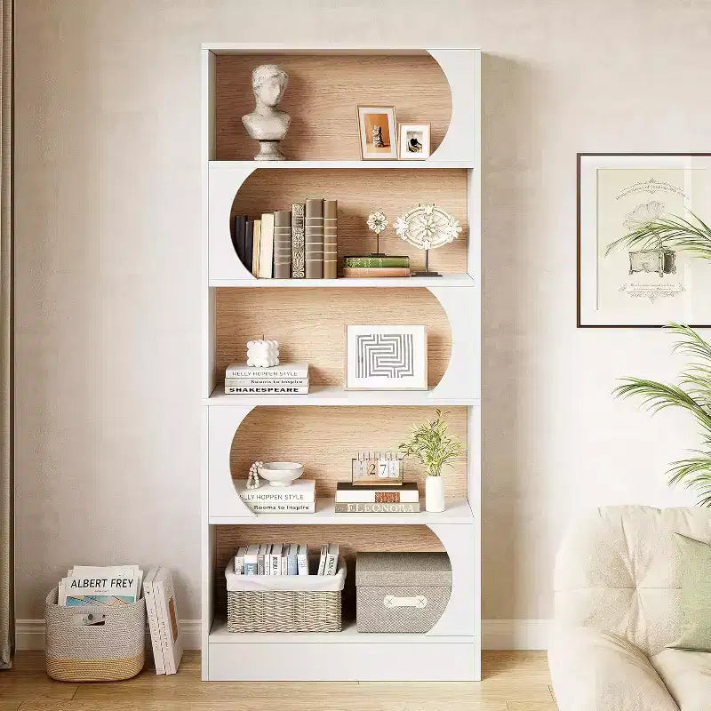Lantine 70.8-Inch Modern Bookshelf, 5-Tier Tall White Bookcase with Storage, Large Open Shelf for Office, Home, Classroom, White and Walnut
