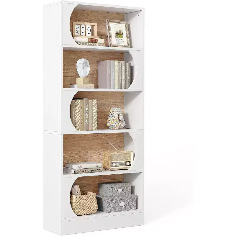 Étagère moderne de 180 cm de haut, bibliothèque blanche à 5 niveaux avec rangement, grande étagère ouverte pour bureau, maison, salle de classe, blanc et noyer