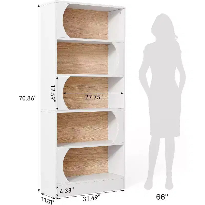 Étagère moderne de 180 cm de haut, bibliothèque blanche à 5 niveaux avec rangement, grande étagère ouverte pour bureau, maison, salle de classe, blanc et noyer