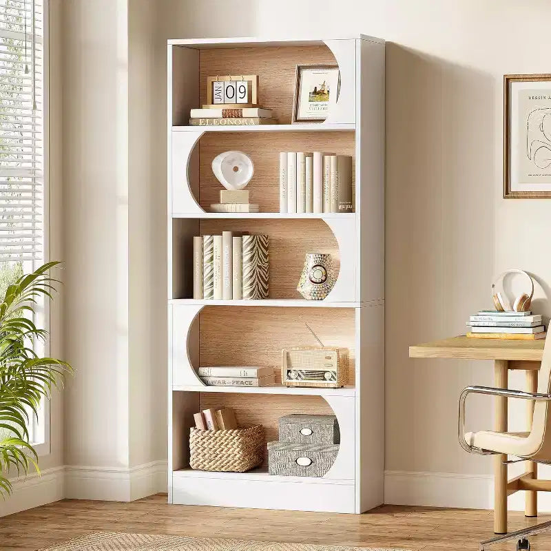 Étagère moderne de 180 cm de haut, bibliothèque blanche à 5 niveaux avec rangement, grande étagère ouverte pour bureau, maison, salle de classe, blanc et noyer