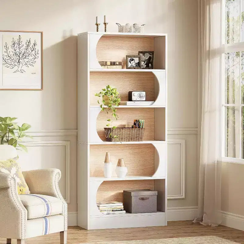 Étagère moderne de 180 cm de haut, bibliothèque blanche à 5 niveaux avec rangement, grande étagère ouverte pour bureau, maison, salle de classe, blanc et noyer