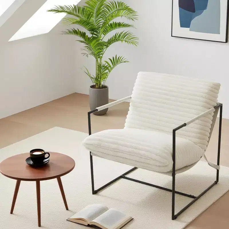 Oversized Modern Sling Accent Chair - Ergonomic Metal Frame, Removable Linen Cushion Light Grey Upholstered Lounge Seat for Living Room & Bedroom