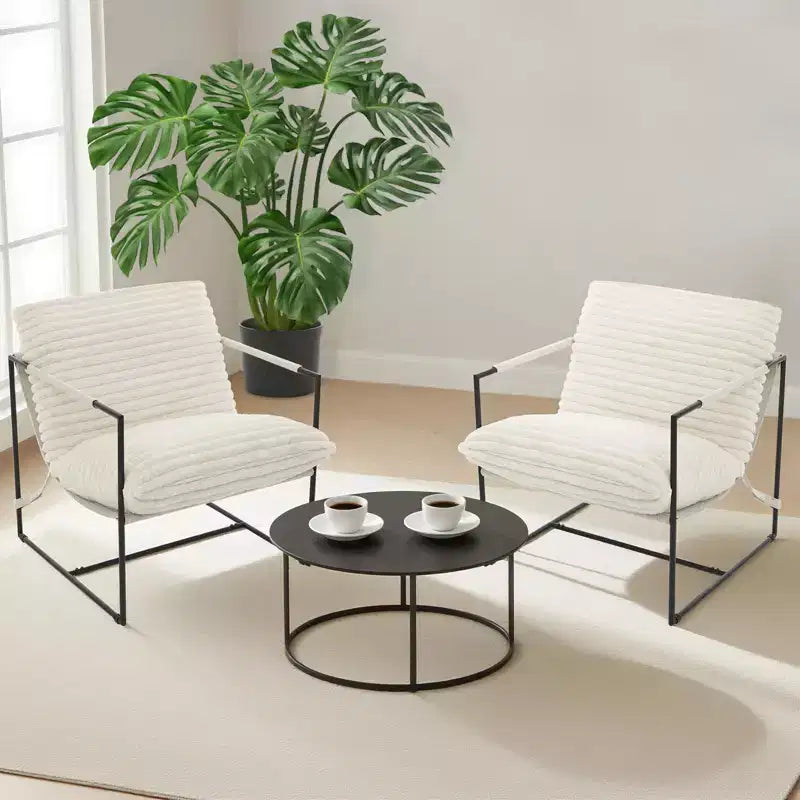 Fauteuil d'appoint moderne surdimensionné avec assise en toile - Cadre métallique ergonomique, Coussin en lin amovible Rembourré gris clair pour salon et chambre à coucher