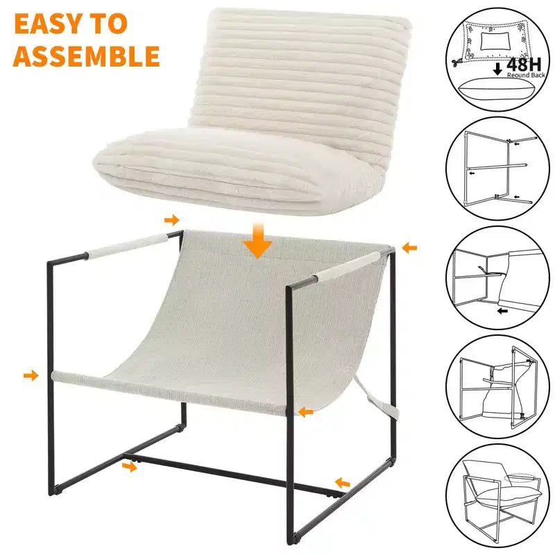Fauteuil d'appoint moderne surdimensionné avec assise en toile - Cadre métallique ergonomique, Coussin en lin amovible Rembourré gris clair pour salon et chambre à coucher