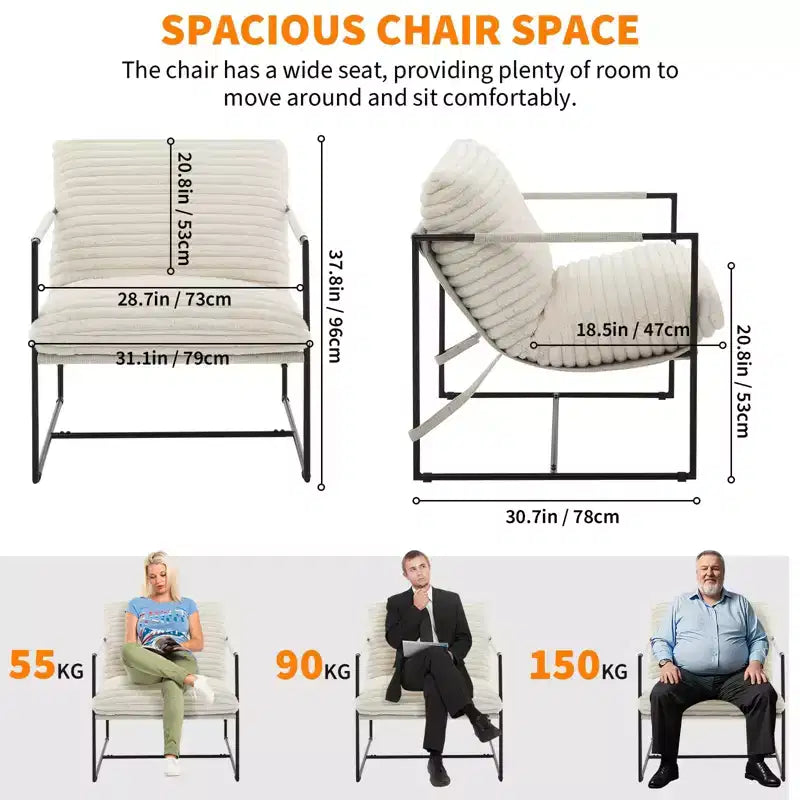Fauteuil d'appoint moderne surdimensionné avec assise en toile - Cadre métallique ergonomique, Coussin en lin amovible Rembourré gris clair pour salon et chambre à coucher