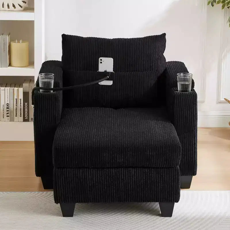 MAYEERTY Convertible Chaise Sofa Bed Corduroy Sleeper Sofa with Ports Cup Holders Ample Storage Space for Living Room Black