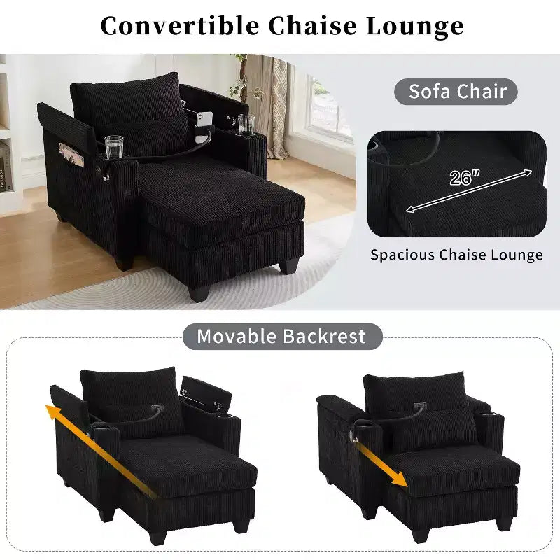 Canapé-lit convertible en velours côtelé avec ports de charge, porte-gobelets et grand espace de rangement pour salon, noir