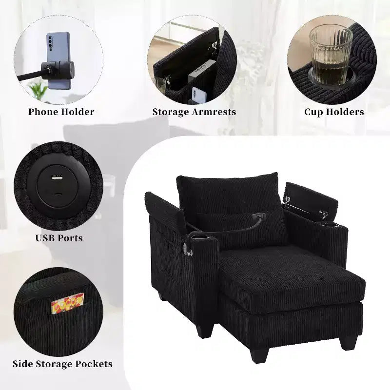 Canapé-lit convertible en velours côtelé avec ports de charge, porte-gobelets et grand espace de rangement pour salon, noir