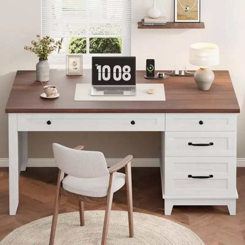 Bureau exécutif de 136 cm pour ferme avec station de charge, classeur réglable et tiroirs, bureau d'ordinateur en bois vieilli pour la maison et les études