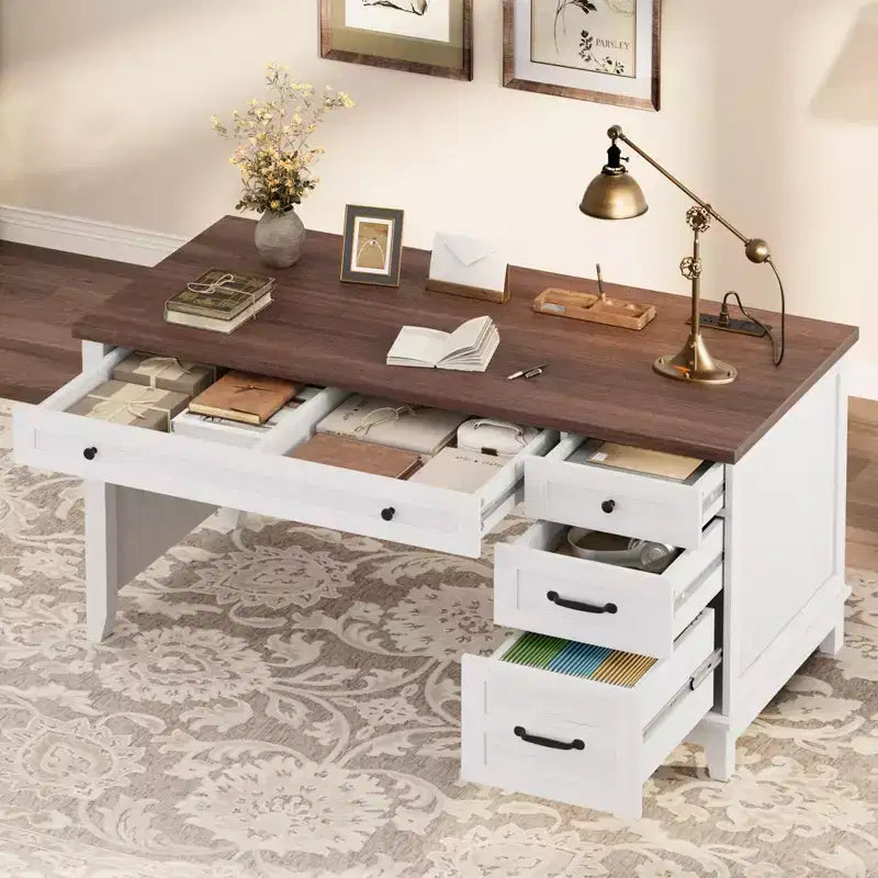 Bureau exécutif de 136 cm pour ferme avec station de charge, classeur réglable et tiroirs, bureau d'ordinateur en bois vieilli pour la maison et les études