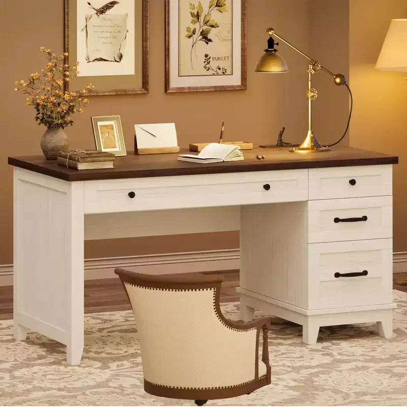 Bureau exécutif de 136 cm pour ferme avec station de charge, classeur réglable et tiroirs, bureau d'ordinateur en bois vieilli pour la maison et les études