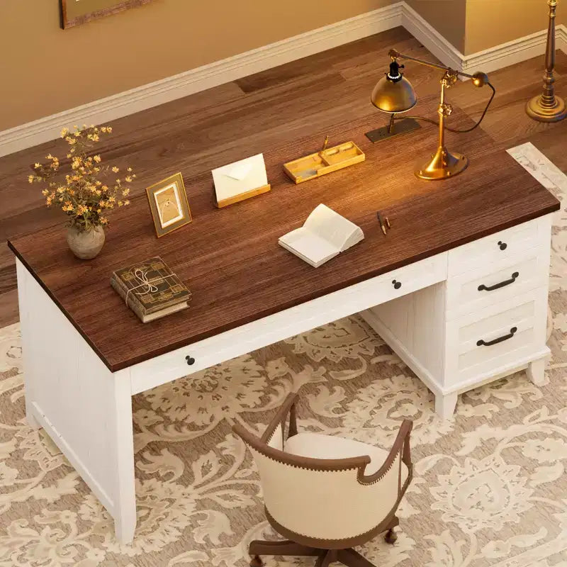 Bureau exécutif de 136 cm pour ferme avec station de charge, classeur réglable et tiroirs, bureau d'ordinateur en bois vieilli pour la maison et les études