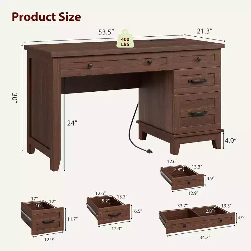 Bureau exécutif de 136 cm pour ferme avec station de charge, classeur réglable et tiroirs, bureau d'ordinateur en bois vieilli pour la maison et les études