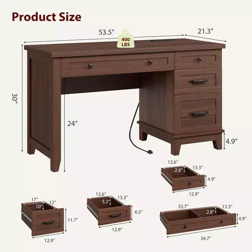Bureau exécutif de 136 cm pour ferme avec station de charge, classeur réglable et tiroirs, bureau d'ordinateur en bois vieilli pour la maison et les études