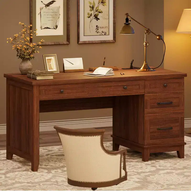 Bureau exécutif de 136 cm pour ferme avec station de charge, classeur réglable et tiroirs, bureau d'ordinateur en bois vieilli pour la maison et les études