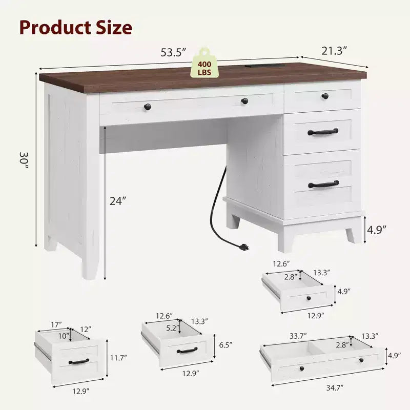 Bureau exécutif de 136 cm pour ferme avec station de charge, classeur réglable et tiroirs, bureau d'ordinateur en bois vieilli pour la maison et les études