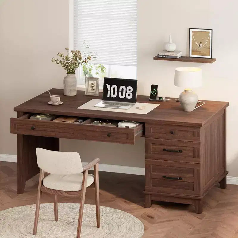53.5 Farmhouse Executive Desk with Charging Station, Adjustable File Cabinet & Drawers, Distressed Wood Office Desk for Home Work,Study