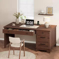 53.5 Farmhouse Executive Desk with Charging Station, Adjustable File Cabinet & Drawers, Distressed Wood Office Desk for Home Work,Study