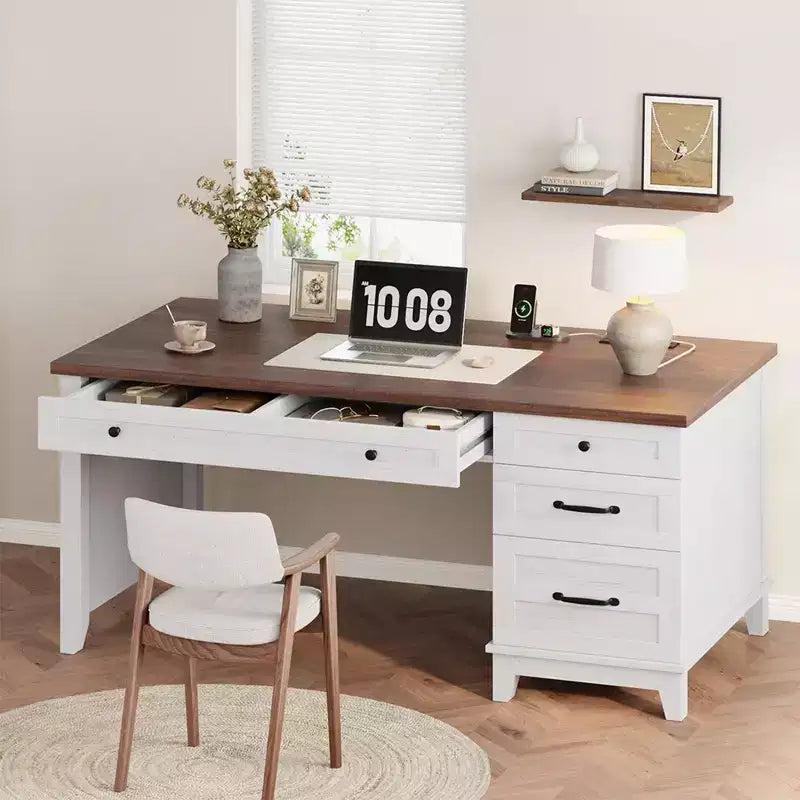 Bureau exécutif de 136 cm pour ferme avec station de charge, classeur réglable et tiroirs, bureau d'ordinateur en bois vieilli pour la maison et les études